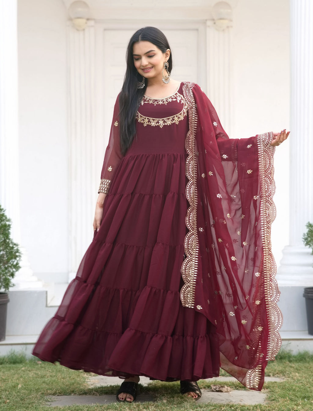 Yash Enterprise Designer Georgette Sequence Embroidery Maroon Readymade Gown | Grocsy