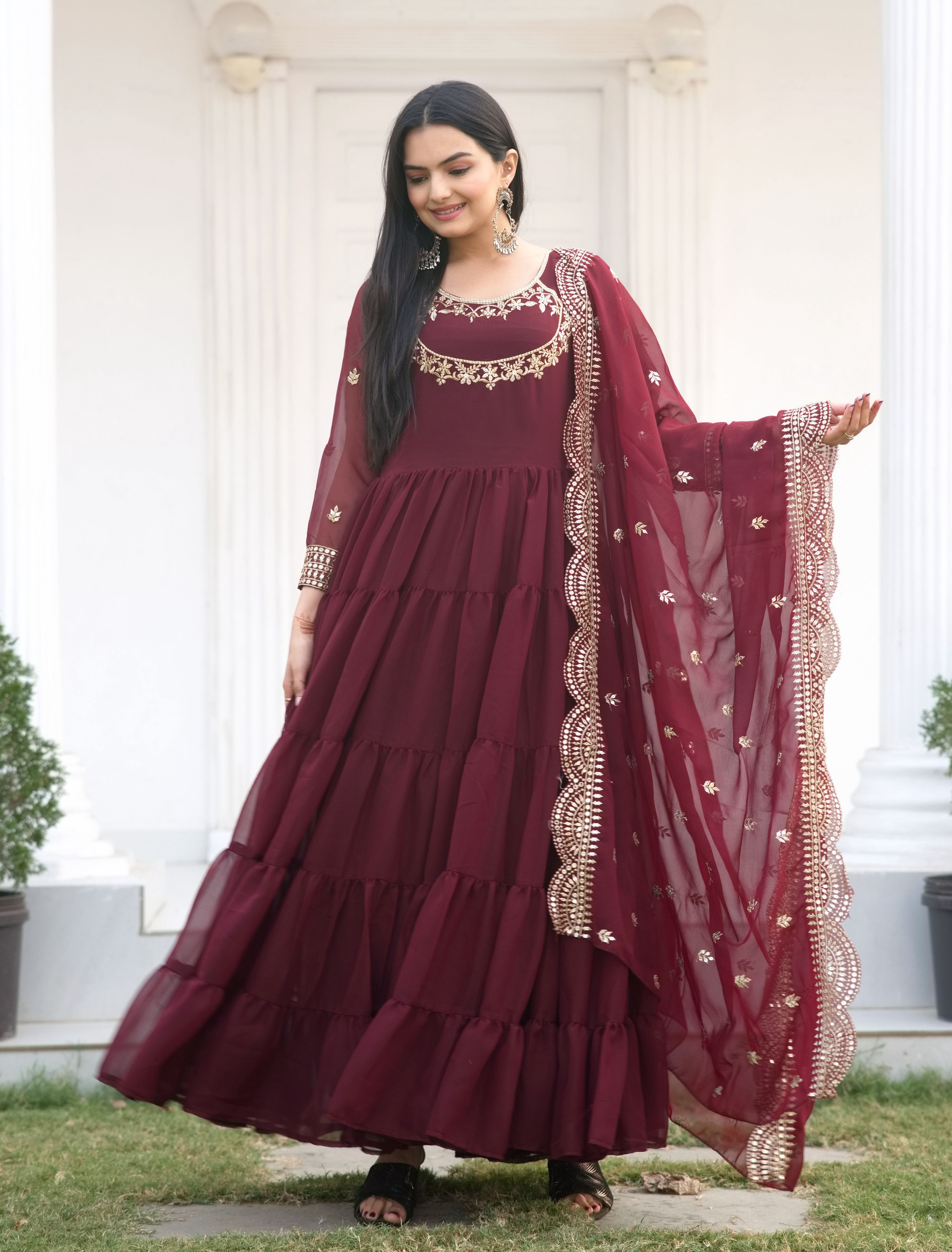 Yash Enterprise Designer Georgette Sequence Embroidery Maroon Readymade Gown | Grocsy