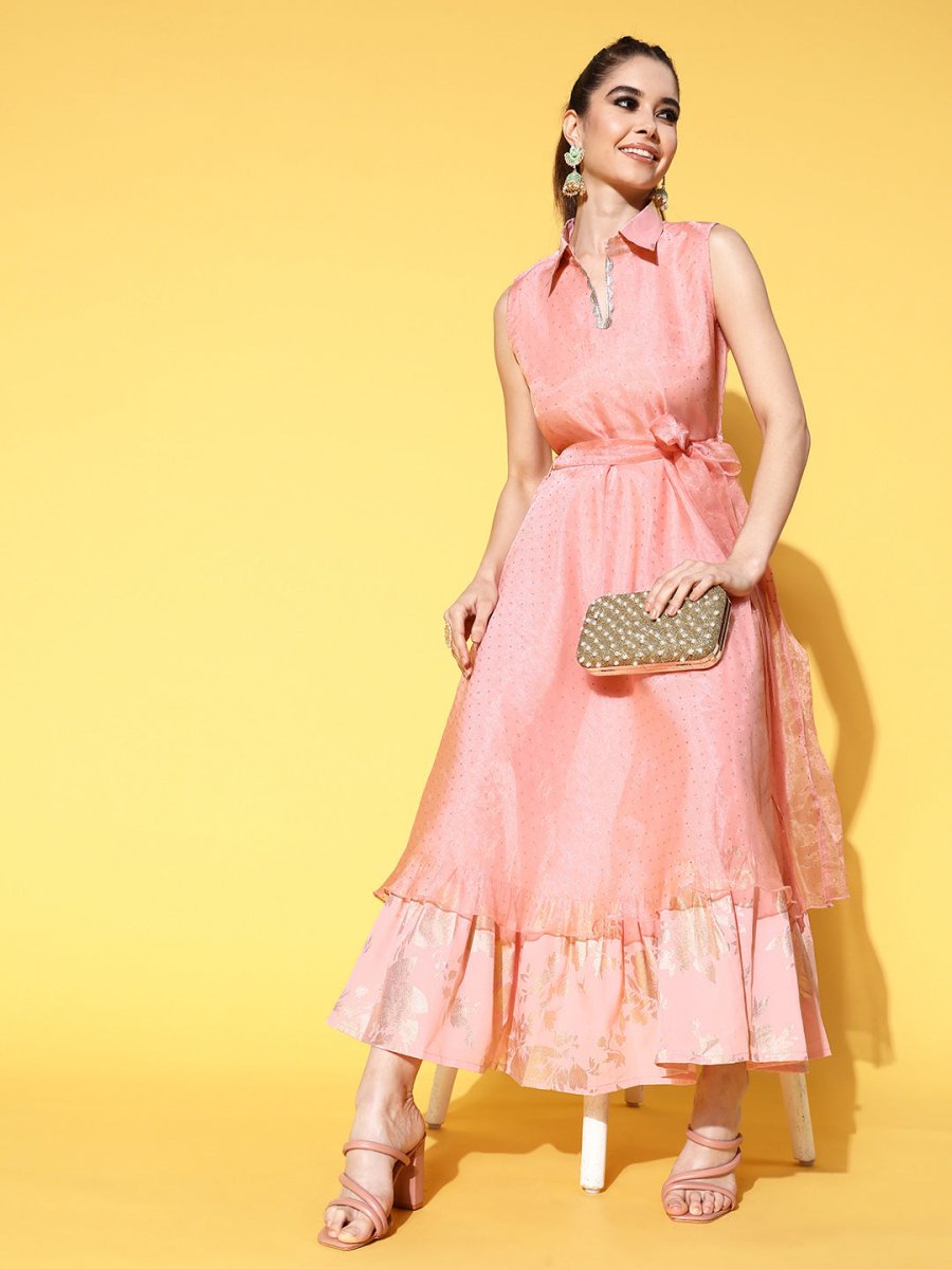 Ahalyaa Belted Tiered Empire Ethnic Dress | Grocsy