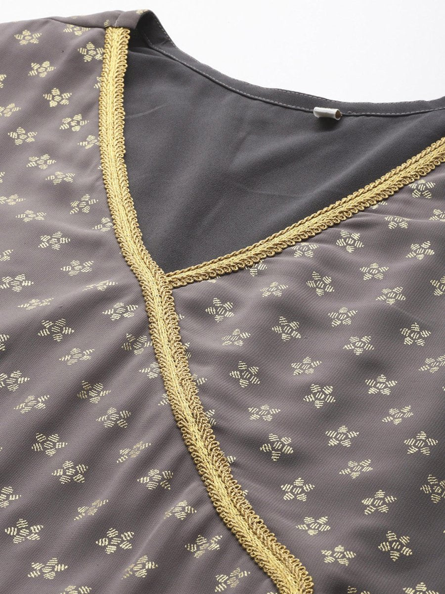 Ahalyaa Plus Size Floral Printed Zari Angrakha Kurta with Palazzos | Grocsy