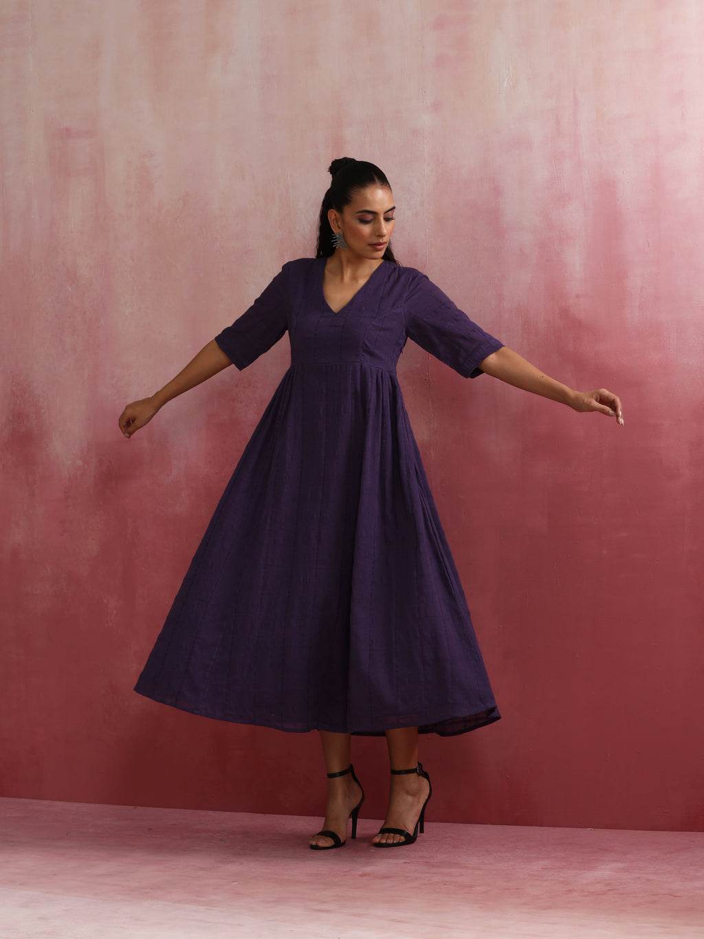 trueBrowns Purple Cotton Dobby Dress | Grocsy