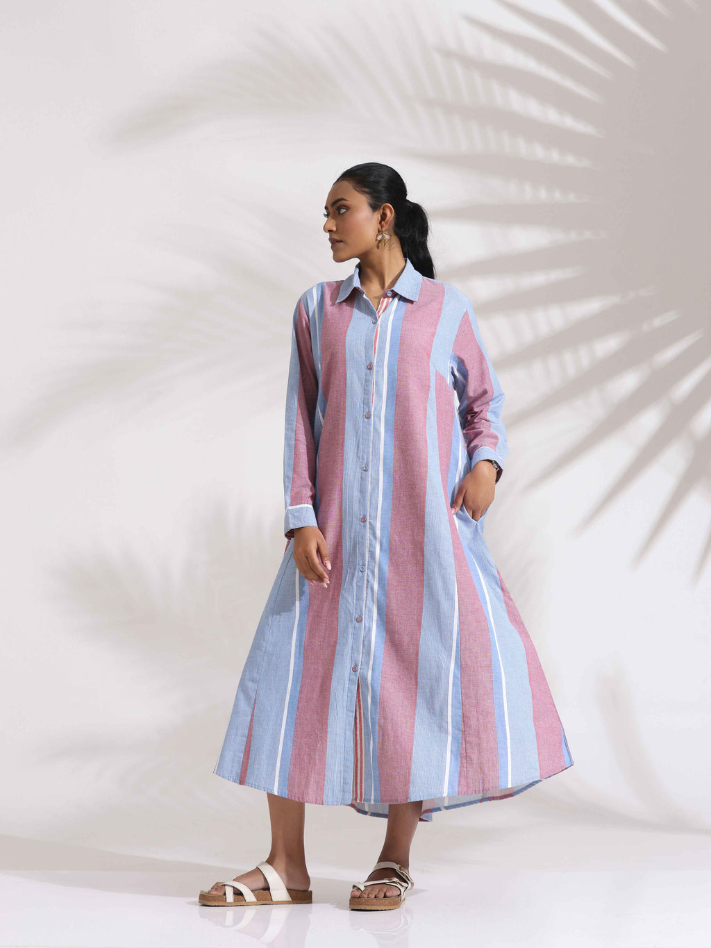 trueBrowns Blue Cotton Stripe Flared Shirt Dress | Grocsy