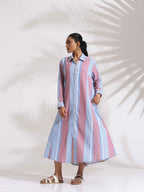 trueBrowns Blue Cotton Stripe Flared Shirt Dress | Grocsy