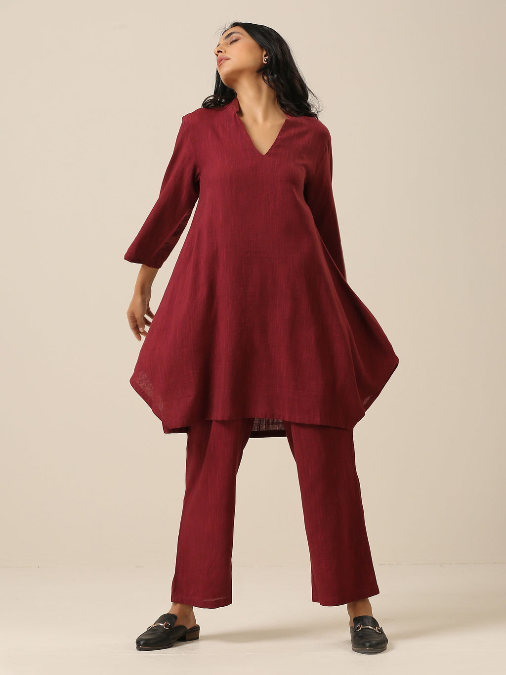 trueBrowns Ruby Wine Slub Textured Collar Co-Ord Set | Grocsy