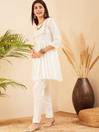 InWeave Women's White Round Neck Square Gota Work Kurta Pant Set | Grocsy