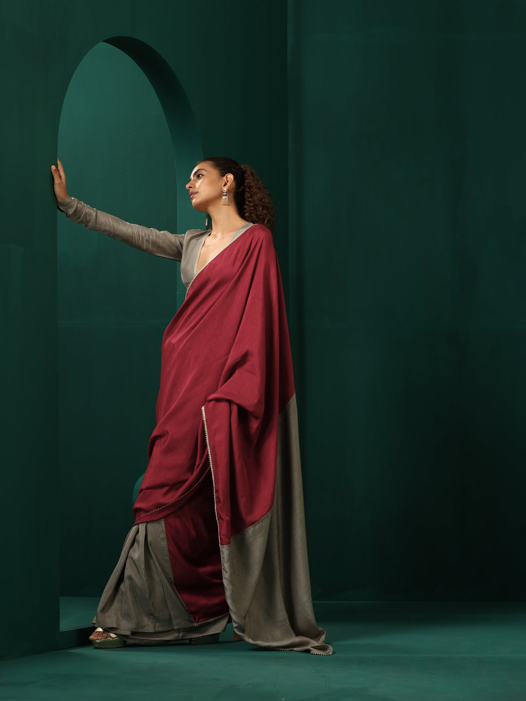trueBrowns Grey Maroon Silk Ready to Wear Saree | Grocsy