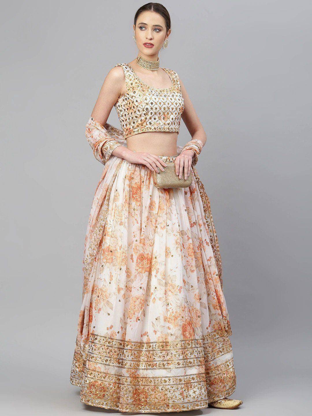 Tulsi Art Off White & Peach-Coloured Embellished Sequinned Semi-Stitched Myntra Lehenga | Grocsy