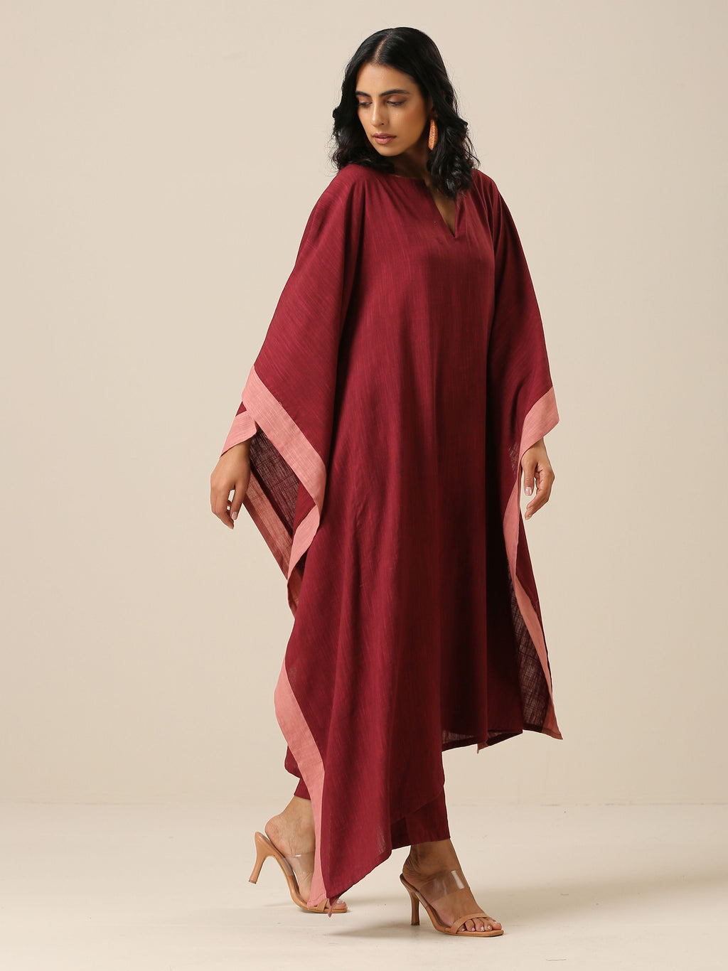 trueBrowns Ruby Wine Slub Texture High Low Kaftan Pant Set | Relove | Grocsy