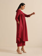 trueBrowns Maroon Slub Gathered Kurta Pant Set | Grocsy