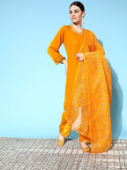 InWeave Women's Mustard Velvet Kurta Set With Mustard Kota Bandhani Dupatta | Grocsy