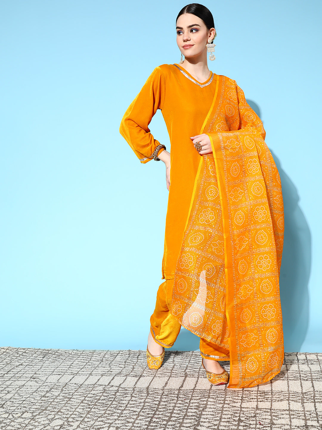 InWeave Women's Mustard Velvet Kurta Set With Mustard Kota Bandhani Dupatta | Grocsy