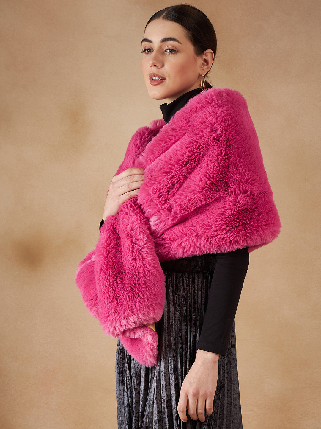 InWeave Women's Light Pink Long Faux Fur Cape | Grocsy