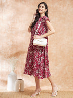 InWeave Women's Wine Cream Floral Print A Line Dress | Grocsy