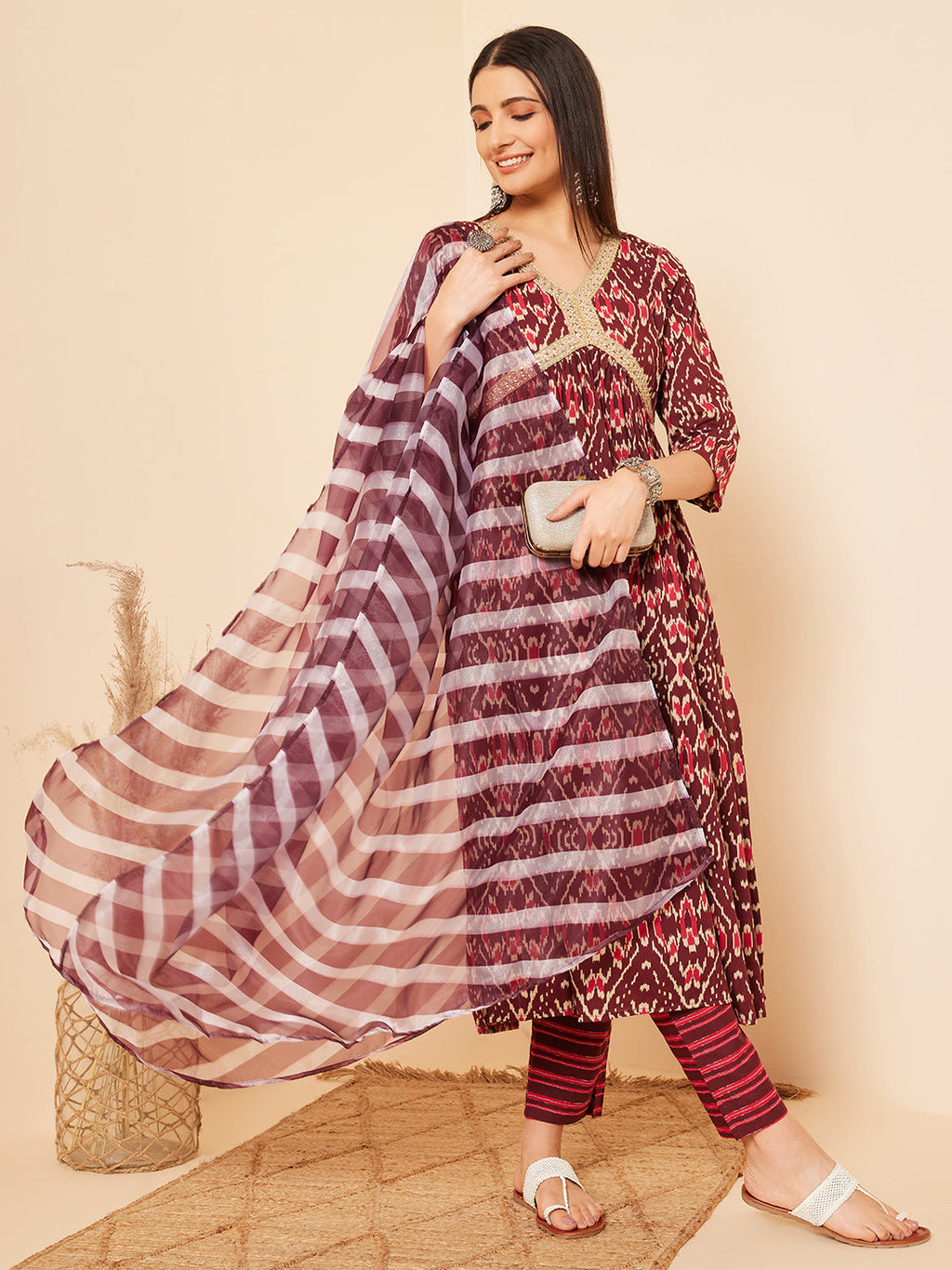 InWeave Women's Wine Ikkat Print Alia Cut Gota Work Kurta Set W Wine Leh Dup | Grocsy