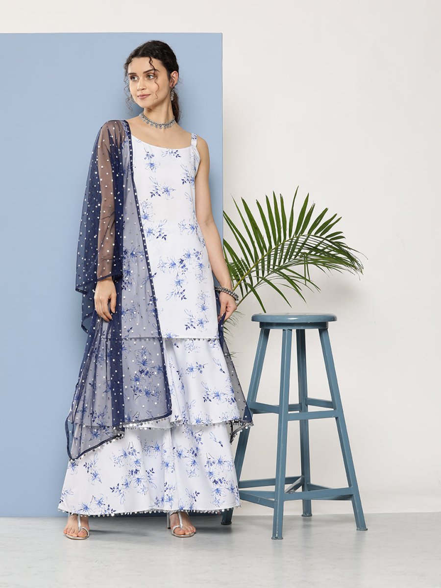 Ahalyaa Women White Floral Printed Sequinned Kurta with Sharara & With Dupatta | Grocsy