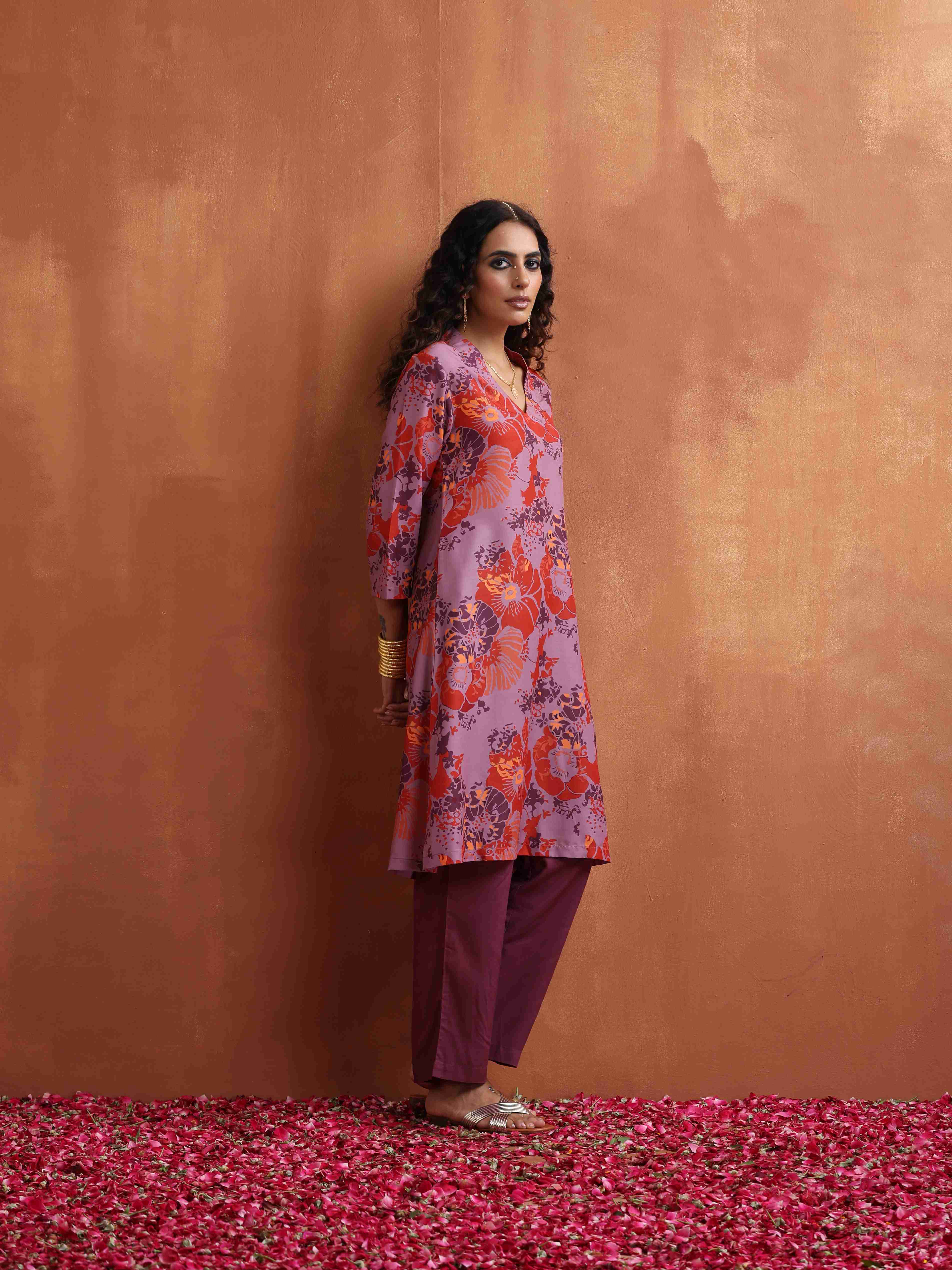 trueBrowns Purple Print Kurta Co-ord Set | Grocsy