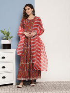 InWeave Women's Red Floral Print Tiered Dress With Lace With Red Leh Dupatta | Grocsy