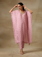 trueBrowns Light Mauve Bandhani Printed Silk Kaftan Kurta Pant Set | Grocsy