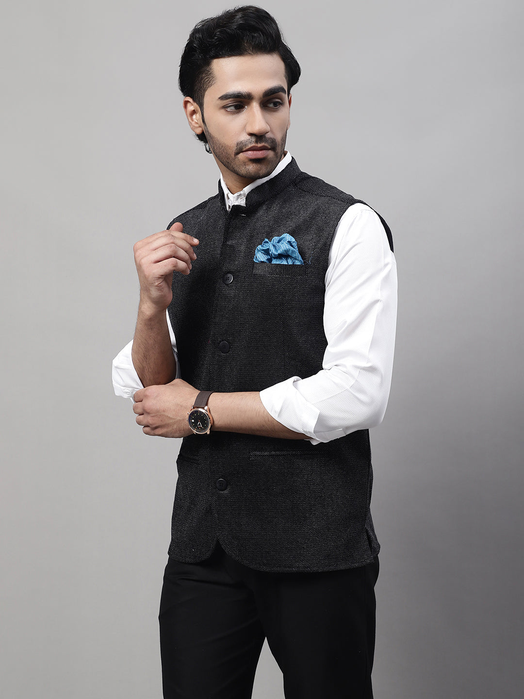 Even Apparels Men's Black Nehru Jacket With Welt Pockets | Grocsy