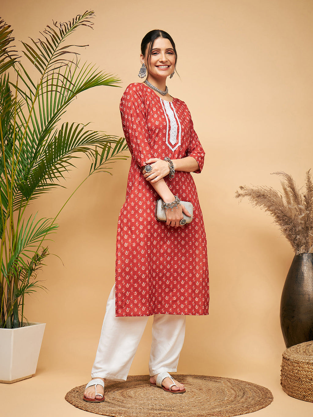InWeave Women's Rust Small Floral Print Lace Straight Kurta | Grocsy