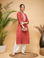 InWeave Women's Rust Small Floral Print Lace Straight Kurta | Grocsy