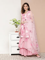 InWeave Women's Pink Printed Chintz Tiered Sharara Set With Dupatta | Grocsy