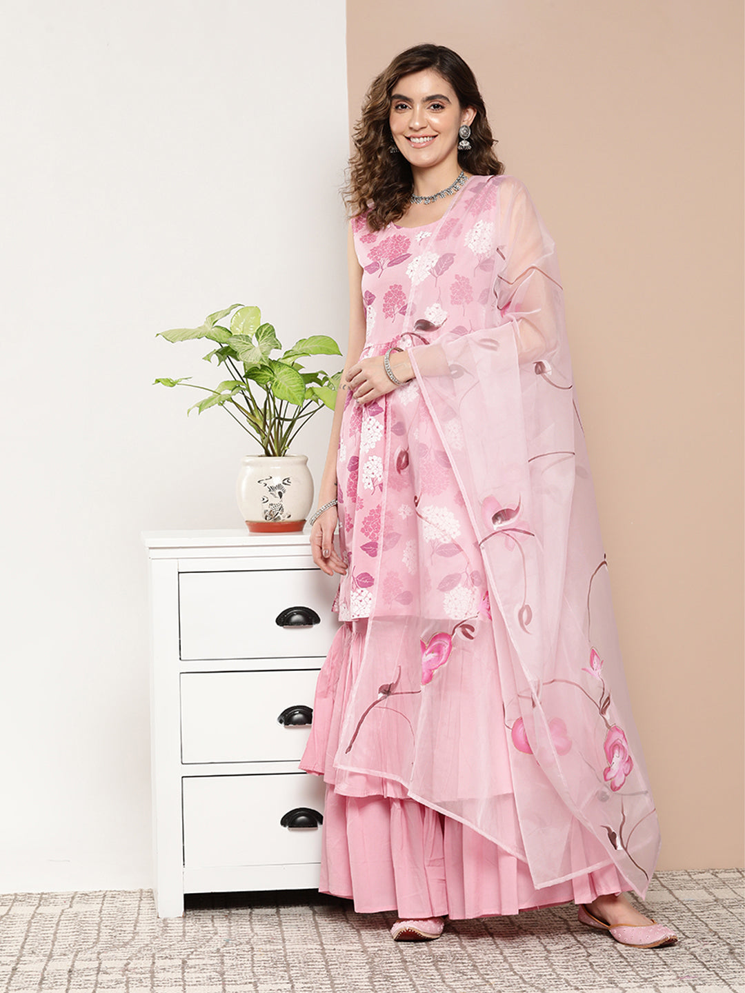 InWeave Women's Pink Printed Chintz Tiered Sharara Set With Dupatta | Grocsy