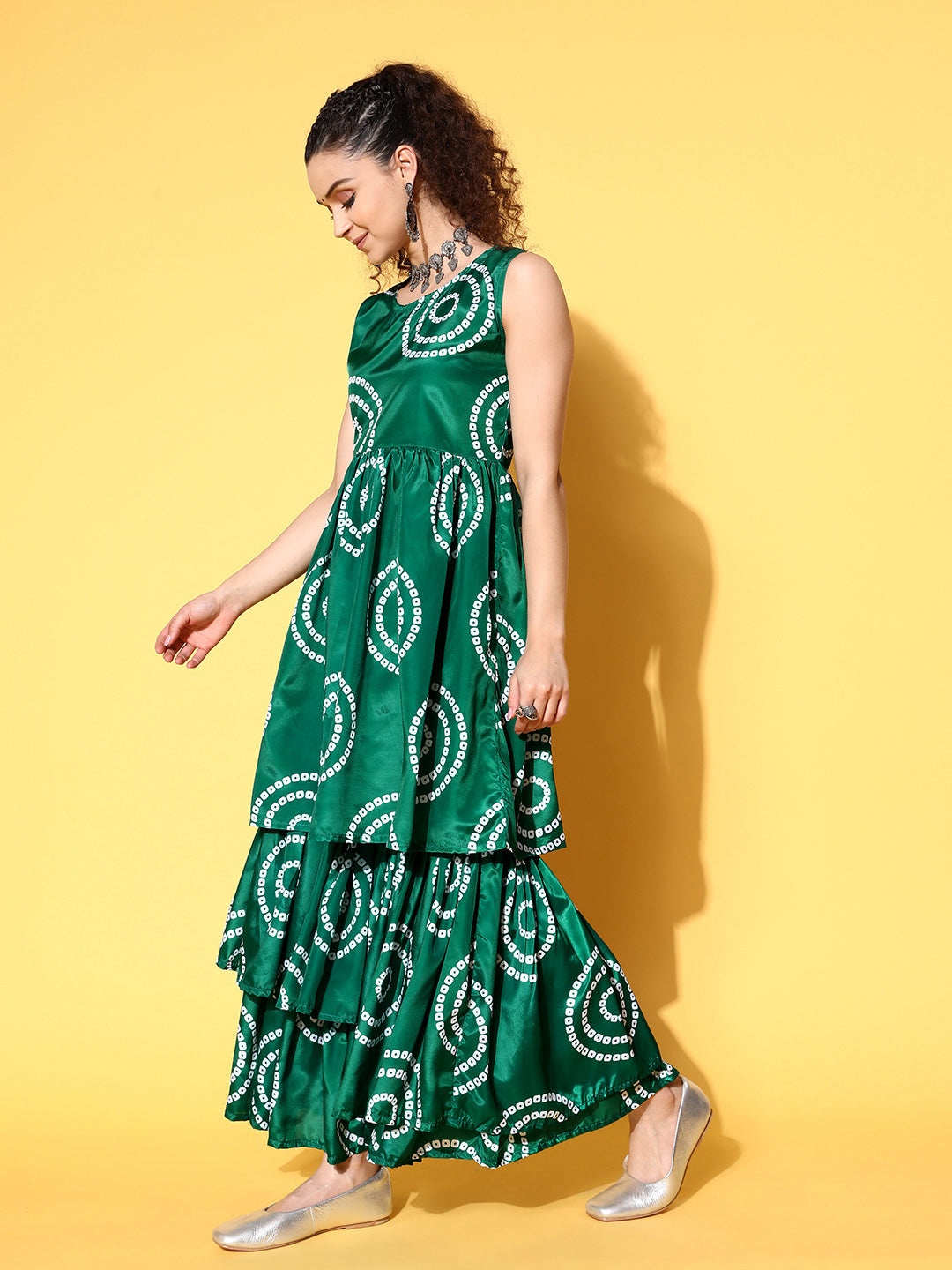 InWeave Women's Green Bandhani Motif Tiered Sharara Set | Grocsy