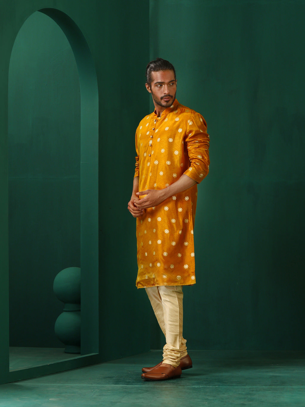 trueBrowns Men's Mustard Geometric Floral Viscose Silk Long Kurta | Grocsy