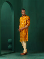 trueBrowns Men's Mustard Geometric Floral Viscose Silk Long Kurta | Grocsy