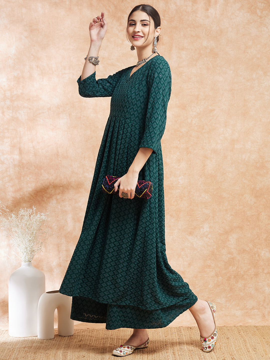 InWeave Women's Forest Green Chikankari Long Anarkali Kurta Sharara Set | Grocsy