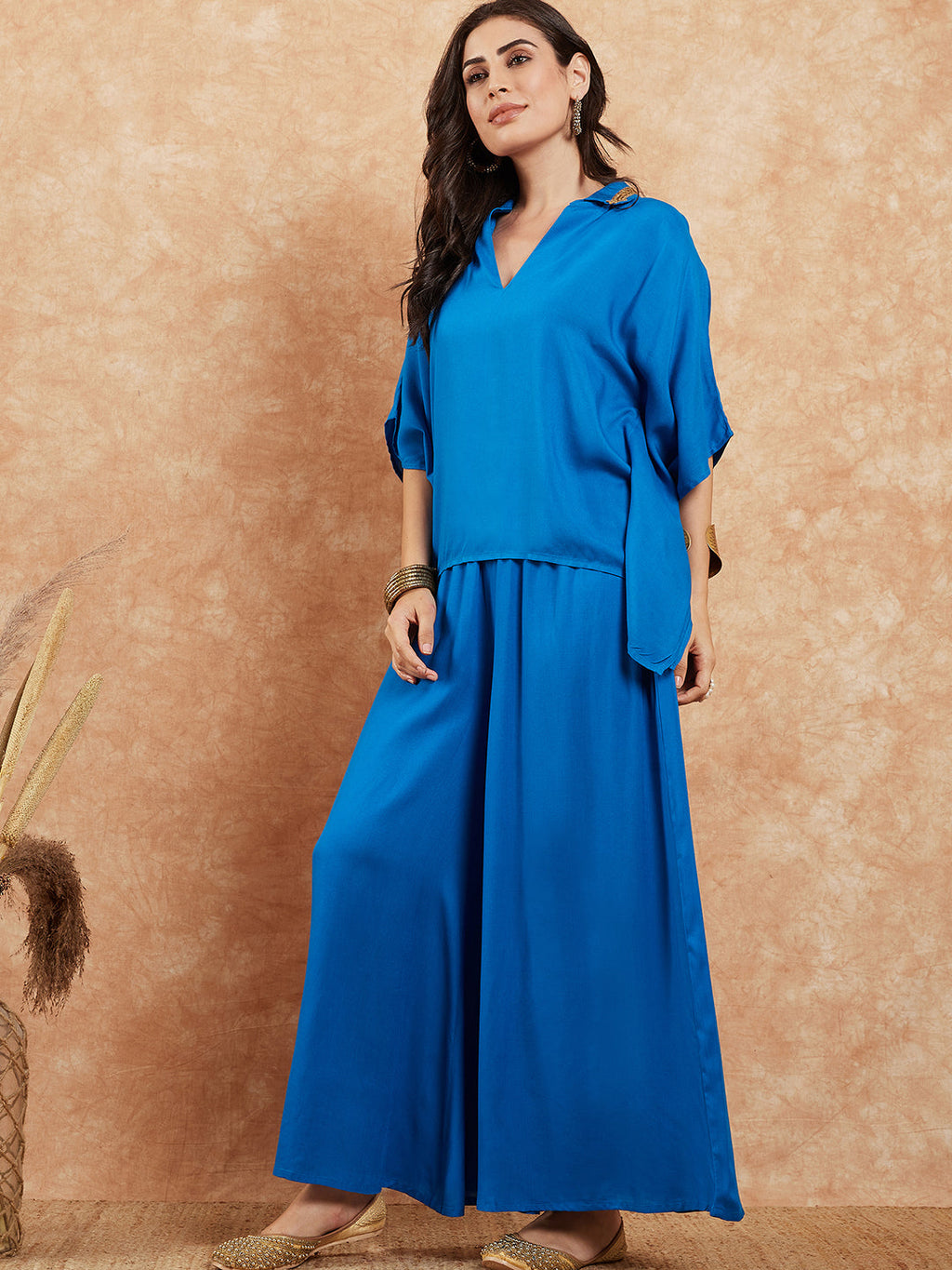 InWeave Women's Ink Blue Solid Collar Neck Boho Top Bottom Set | Grocsy