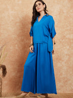 InWeave Women's Ink Blue Solid Collar Neck Boho Top Bottom Set | Grocsy