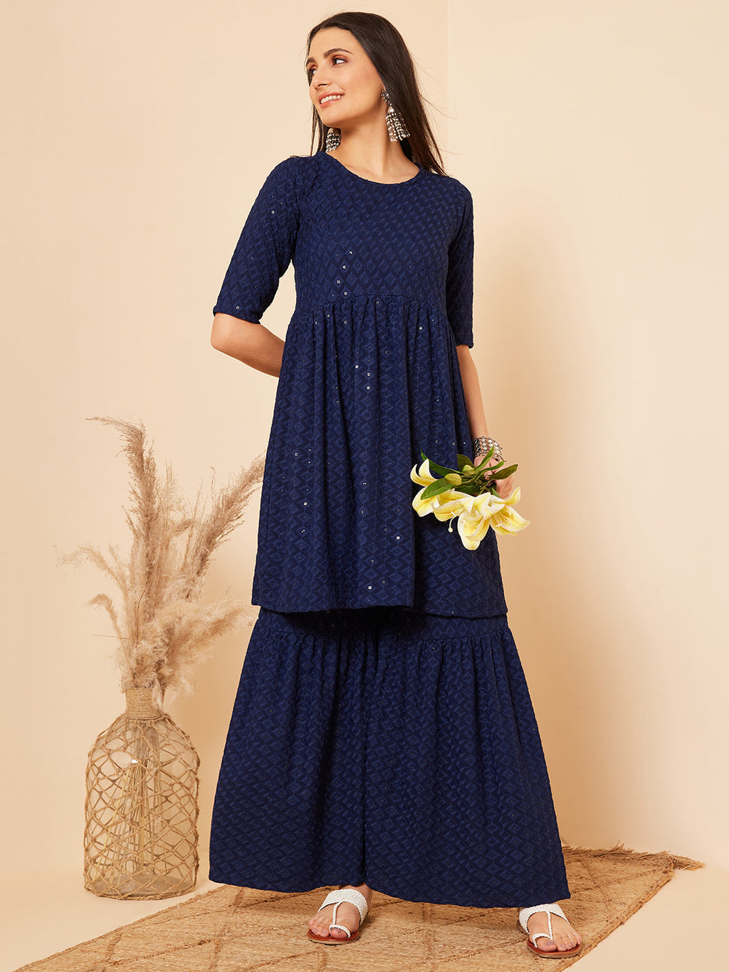 InWeave Women's Royal Blue Chikankari Kurta Set With Sharara | Grocsy