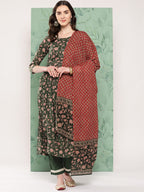 InWeave Women's Green Floral Motif Nyra Kurta Set With Dupatta | Grocsy