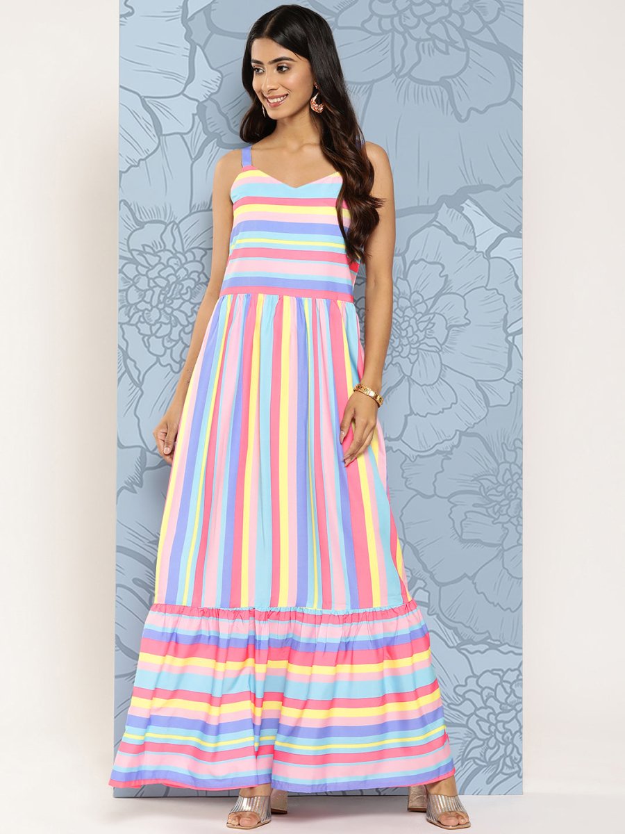 Ahalyaa Striped Crepe Maxi Ethnic Dress | Grocsy
