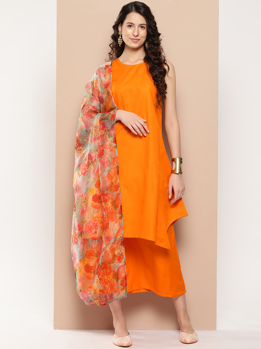 InWeave Women's Tangy Orange Short Pallazo Set W Green Or Dupatta | Grocsy