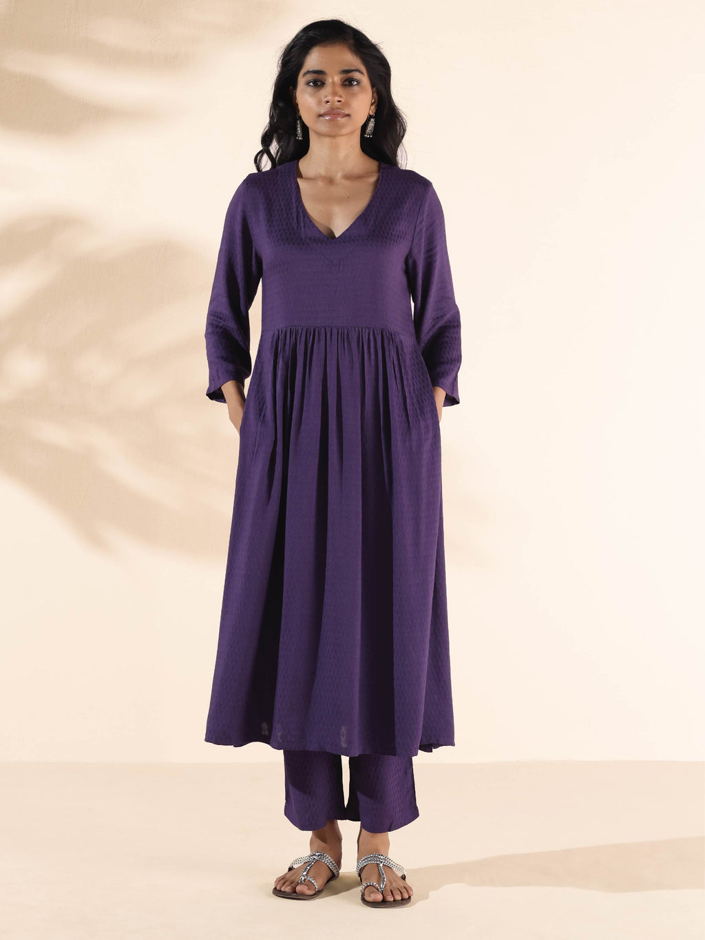 trueBrowns Purple Viscose Dobby Slit Kurta Pant Set | Grocsy