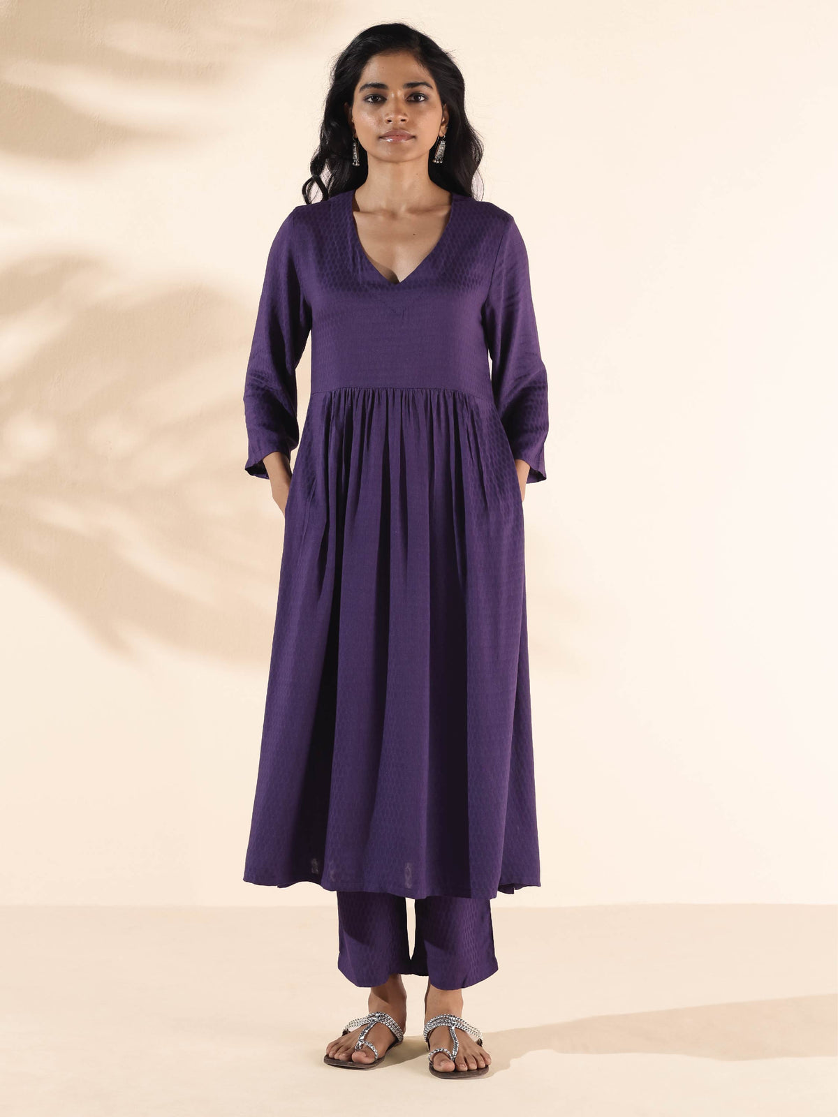 trueBrowns Purple Viscose Dobby Slit Kurta Pant Set | Grocsy