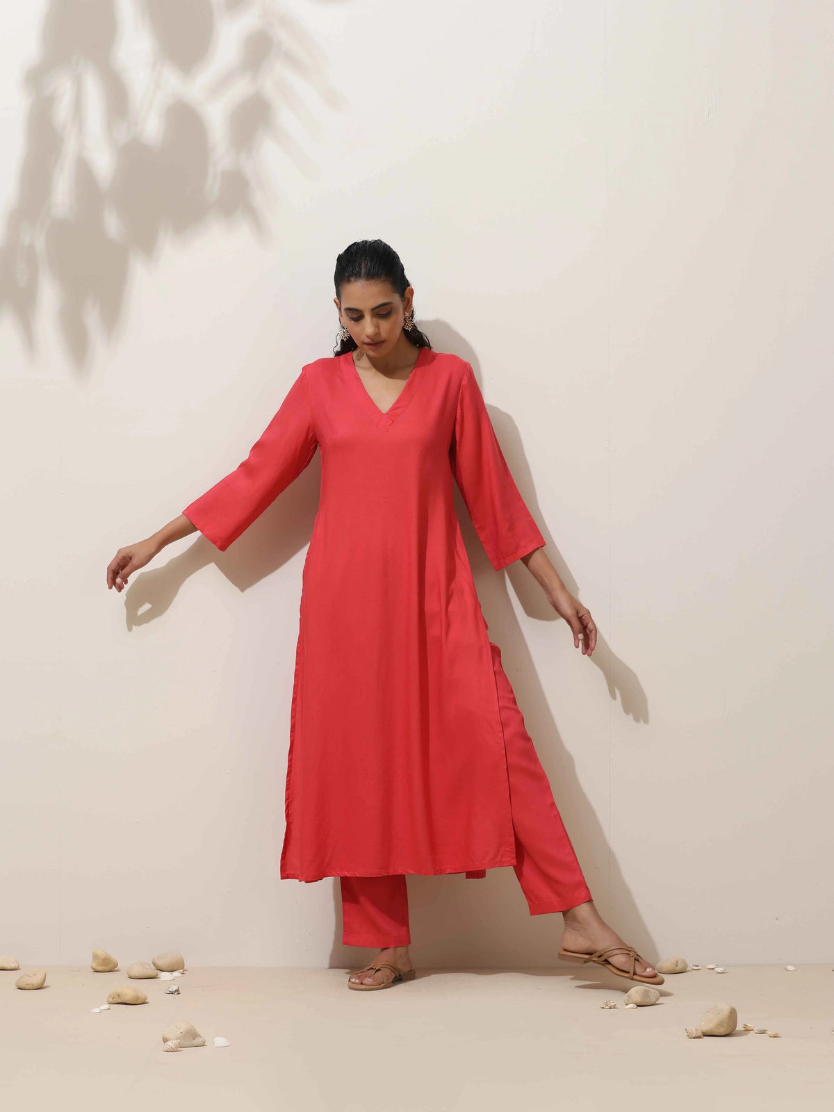 trueBrowns Coral Viscose Solid Kurta Pant Set | Grocsy