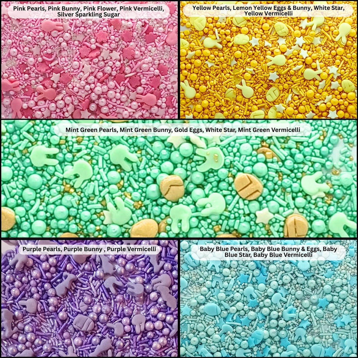 Confect Easter Sprinkles Edible | Mix Parrot Green, Pink, Sky Blue and Yellow Pearls & Stars Pack Of 5 (EAST 5) - 100Gms | Grocsy