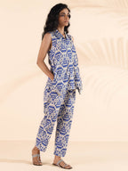 trueBrowns Blue Cotton Ikat Sleeveless Co-ord Set | Grocsy