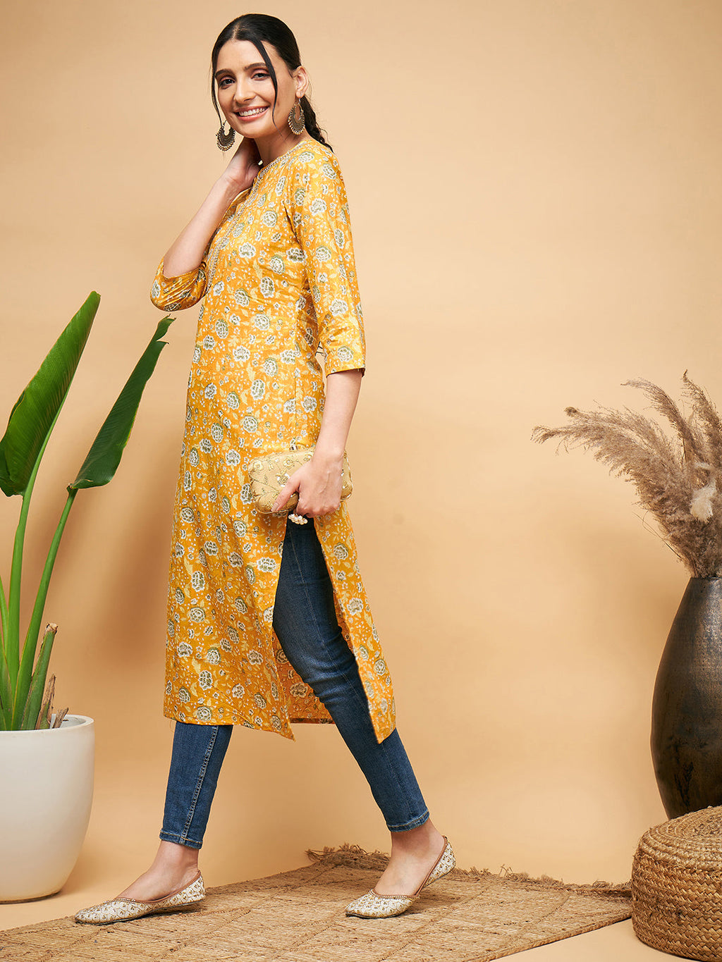 InWeave Women's Yellow Foil Print Gota Straight Kurta | Grocsy