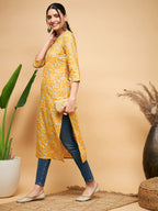 InWeave Women's Yellow Foil Print Gota Straight Kurta | Grocsy