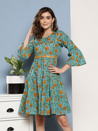 InWeave Women's Blue Mustard Print Short Dress | Grocsy