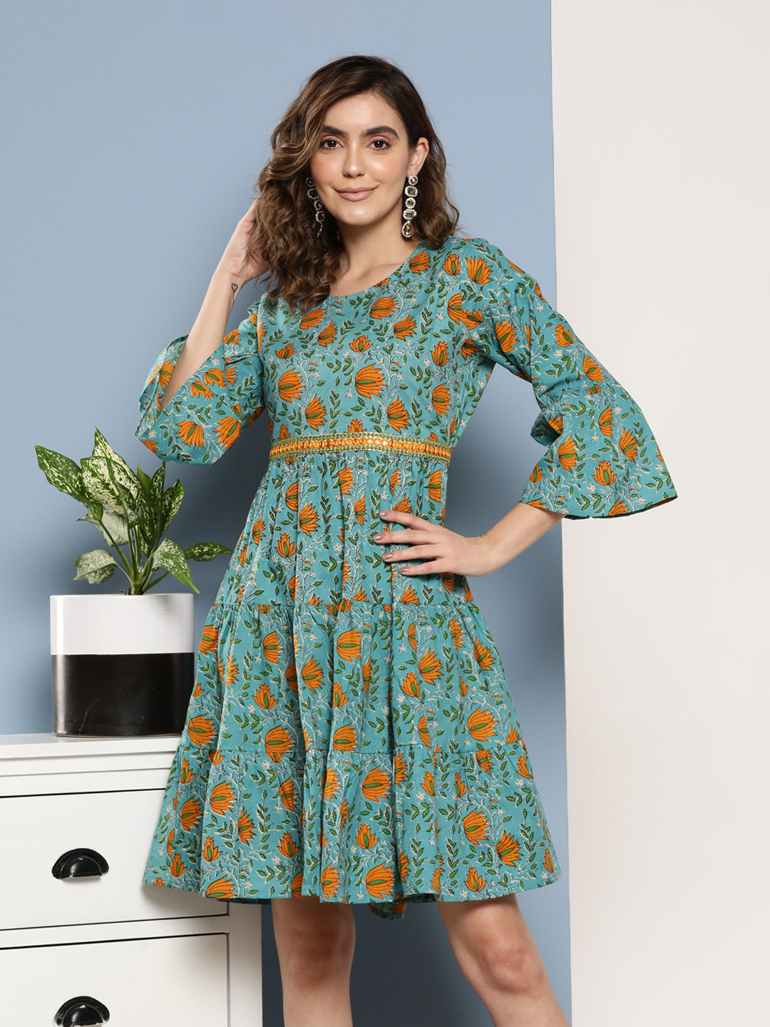 InWeave Women's Blue Mustard Print Short Dress | Grocsy