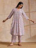 trueBrowns White With Pink Blue Floral Block Print Cotton Flared Slit Kurta Pant Set | Grocsy