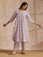 trueBrowns White With Pink Blue Floral Block Print Cotton Flared Slit Kurta Pant Set | Grocsy