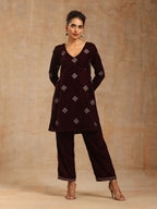 trueBrowns Wine Velvet Embroidered Co-ord Set | Grocsy