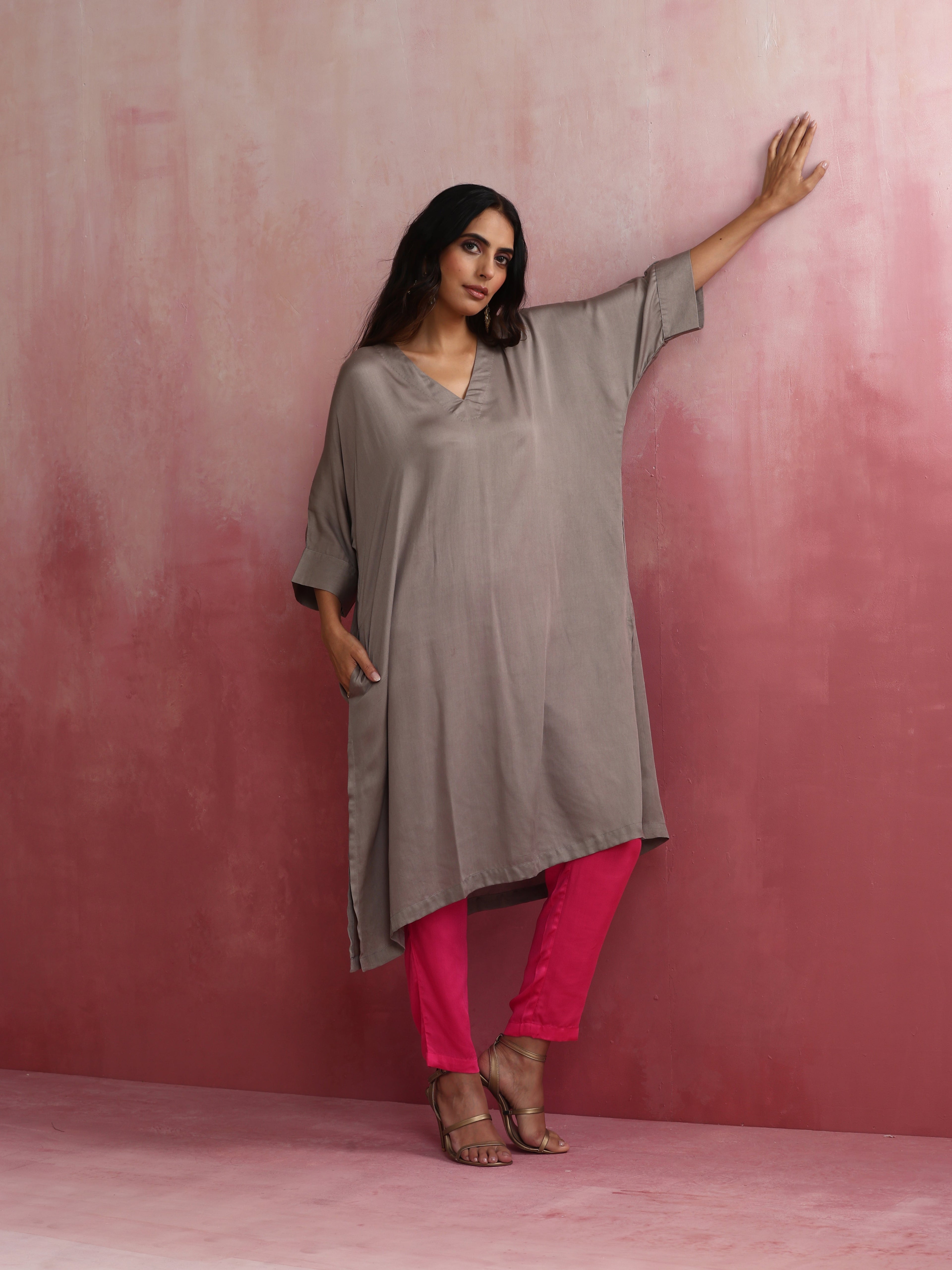 trueBrowns Grey Modal Kimono Kurta Set | Grocsy